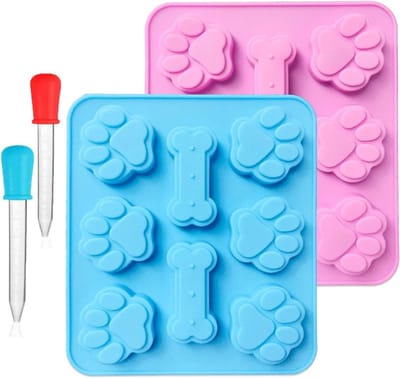 Set van 2 siliconen malletjes voor hondenpootafdrukken en botvormen, inclusief 2 vloeistofdruppers, herbruikbare 8-caviteit ijsblokjes en snoepvormen voor hondenliefhebbers