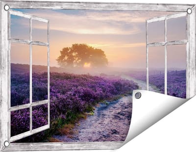 Gards Tuinposter Doorkijk Pad in de Weide van de Veluwe - 60x40 cm - Tuindoek - Tuindecoratie - Wanddecoratie buiten - Tuinschilderij