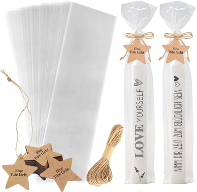 Dailygoods- Cellofaanzakjes Hoogwaardig - 100 Stuks - Transparant - Kraftpapieren Hangers - Jute Koord - Duurzaam Materiaal - Geschenkzakjes