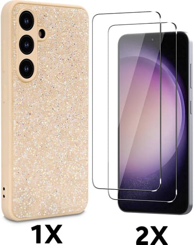 Hoesje en Glas Geschikt voor Samsung Galaxy A17 5G - Goud - Casemania Diamant Glitter Back Cover met 1x Tempered Glazen Screenprotector