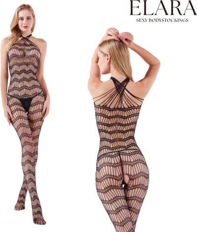 Elara - Lorena - Bodystocking Erotische Lingerie met Open Kruis - Catsuit - S t/m XL - Sexy Dames Lingerie