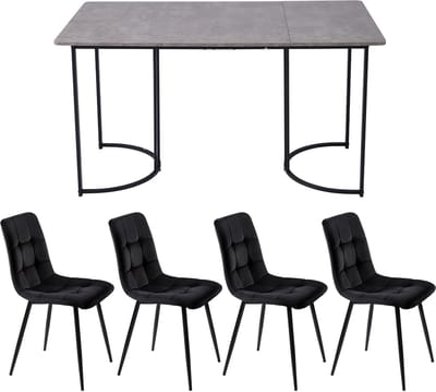 Moderne eettafelset - 5-delig - 1 eettafel en 4 stoelen - zwarte tafelpoten en grijs tafelblad - zwarte eetkamerstoelen