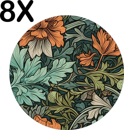 Luxe Ronde Placemat - Getekende Bloemen en Planten - Set van 8 Placemats - 50x50 cm - 2 mm dik Vinyl - Anti Slip - Afneembaar