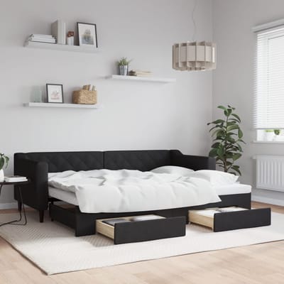 vidaXL - Slaapbank - met - onderschuifbed - en - lades - 80x200 - cm - stof - zwart