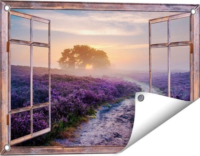 Gards Tuinposter Doorkijk Pad in de Weide van de Veluwe - 60x40 cm - Tuindoek - Tuindecoratie - Wanddecoratie buiten - Tuinschilderij