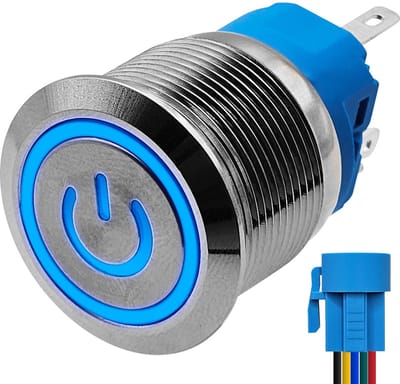 ProRide Metalen Drukschakelaar 12V ON-OFF met Aansluitkabel - 22mm - Aan/uit schakelaar - Spatwaterdicht - 12V/24V - LED Indicatie Blauw