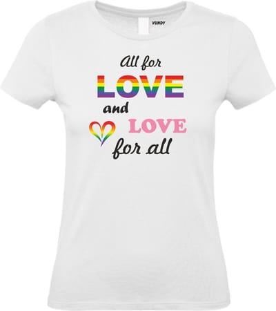 Dames T-shirt Love For All | Gay pride shirt kleding | Regenboog kleuren | LGBTQ | Wit dames | maat XS