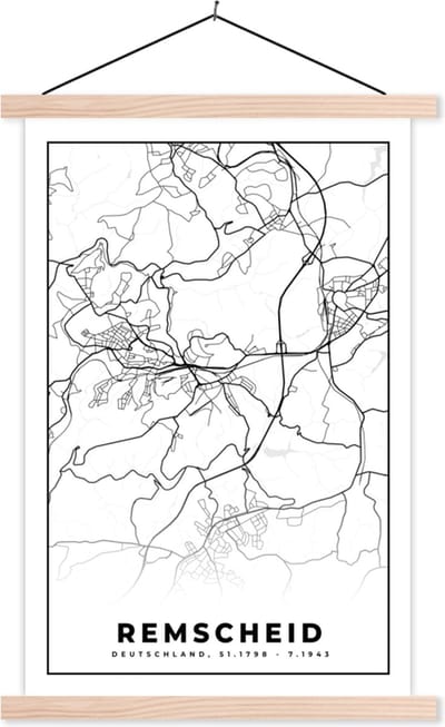 Posterhanger incl. Poster 40x60 cm - Schoolplaat - Stadskaart - Remscheid - Plattegrond - Kaart - Textielposter - Blanke latten - Stadskaart
