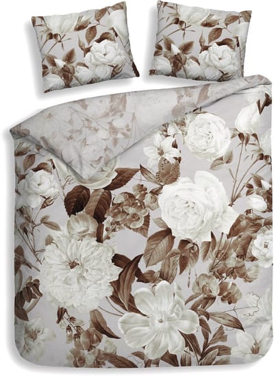 Heckettlane Dekbedovertrek Danna - Bedlinnen met Bloemen print - 200x200-220 cm - Tweepersoons - Beige - Dekbedovertrek van 100% Katoen-Satijn