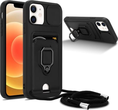 Cadorabo Telefoonketting Hoesje met standfunctie geschikt voor Apple iPhone 12 in ZWART - Siliconen beschermhoes met verstelbare koordband