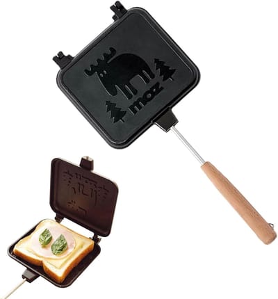 Dubbelzijdige Sandwich Pan - Tosti-ijzer Afneembaar - Sandwiches Maken - Houten Handvat Hittebestendig - 14 cm Diameter - Zilver