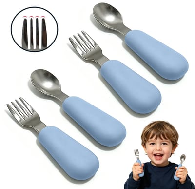 Babybestekset Vork & Lepel – 2 Sets (2 lepels + 2 vorken) – Bestek voor baby's en peuters – Eetgerei voor kinderen – Leerbestek voor zuigelingen – Roestvrijstalen vorken en lepels met korte siliconen handvatten – Babyvork- en lepelset – 11,5 x 2,8 cm
