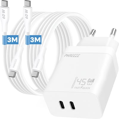Phreeze 45 W usb C oplader - Dual port GaN charger - Inclusief 2 usb C naar usb C kabels 3m voor telefoon en tablet