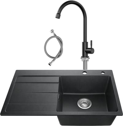 SOFETIY MAX Granieten Spoelbak 78x45CM Zwart - Spoelbakken Keuken Met Koudwater Keukenkraan- Spoelbak Met Planchet en Afdruiprek - Spoelbakken Incl. Sifon en Afvoerzeefje