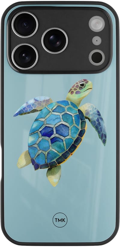 Hoesje geschikt voor Apple iPhone 17 Pro - Schildpad - Blauw - TPU luxe case (glossy toplaag) - Print - Hardcase backcover zwart