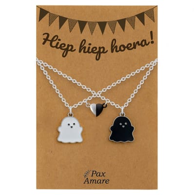 BFF Ketting voor 2 'Hiep Hiep Hoera' - Spookjes + Magnetisch Hartje - Vriendschapsketting op Cadeau Kaartje - 45cm + 5cm verstelbaar - Zilverkleurig - Verjaardags Hanger - Pax Amare