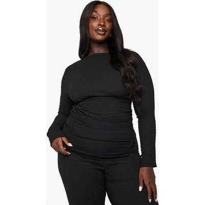 boohoo Dames Plus lange mouw asymmetrische gerimpelde top | Zwart | Maat: 56