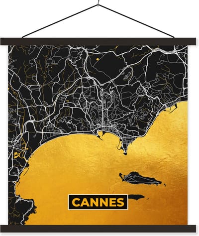 Posterhanger incl. Poster 60x60 cm - Schoolplaat - Frankrijk – Plattegrond – Stadskaart – Cannes - Kaart - Textielposter - Zwarte latten - Stadskaart