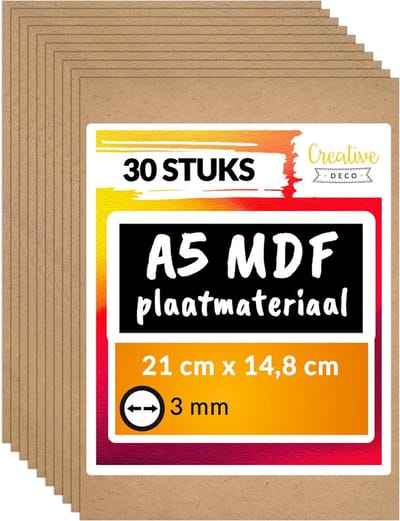Creative Deco 30 x A5 MDF - Plaat | 148 x 210 x 3 mm | Perfect voor Lasersnijden, CNC - Frezen, Modelleren, Freeswerk, Figuurzagen