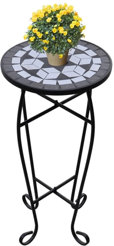 Mozaïek Bijzettafel - Plantentafel Rond - Ø 30 cm - Keramisch Tafelblad - Zwart & Wit - Decoratieve Bijzettafel voor Tuin, Balkon & Woonkamer - Hoogte 60 cm - Modern Design