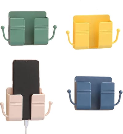 Ronte - Wandgemonteerde telefoonhouder 4-pack voor mobiele telefoon met haak en afstandsbedieninghouder - Wandmontage opbergdoos voor slaapkamer