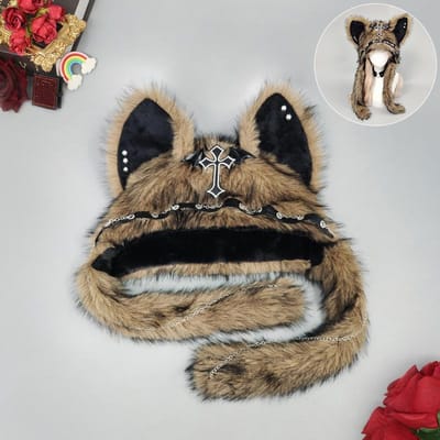 Alternatieve Kawaii Kattenoor Muts - Punk Rock Donkere Gotische Stijl Pluche Wintermuts Voor Warmte Goth Lolita Mode black