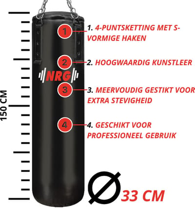 NRG Boxing F9B - Bokszak - 150 cm - Kunstleer - Zwart - incl 4-punts ophangketting