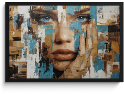 Poster in lijst - Fotolijst 60x40 cm - Posters - Abstract - Penseelstreken - Blauw - Gezicht - Posterlijst zwart - Decoratie - Wanddecoratie woonkamer - Muurdecoratie slaapkamer