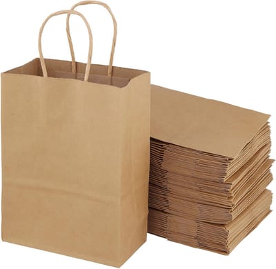 100 stuks bruine papieren zakken met handvat, 15 x 8 x 21 cm, ideaal voor cadeauverpakking, winkelen en feesten