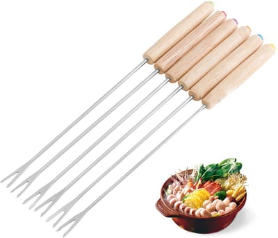 Dailygoods- Fonduevorken 6 Stuks - Roestvrijstalen Fonduestokken - Houten Handvat - Hittebestendig - Lichtgewicht - Perfect voor Chocolade/Kaas - Fondueprikkers