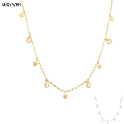 Andywen 925 Sterling Zilver Gouden Ster Zirkonia Bedel Choker Ketting Lange Ketting Sieraden Kleine Juweeltjes Huwelijksgeschenk goud