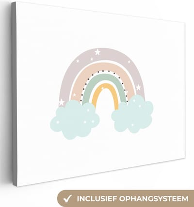 Schilderij voor kinderen - Kinderkamer decoratie - Regenboog - Sterren - Stippen - Kinderen - Canvasdoek kinderen - Muurdecoratie - 40x30 cm