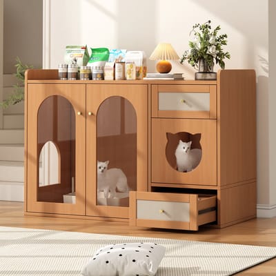 OKWISH Kattenkast – 5-in-1 Multifunctioneel Kattenmeubel – Verborgen Kattenbakvak en Voerlade – 1 Deur – 2 Lades – 120×45×76 cm – MDF+Glas – Notenbruin