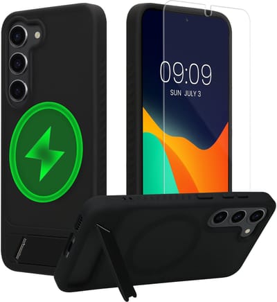 kwmobile Hoesje voor Samsung Galaxy S23 - Compatibel met MagSafe - Hoesje met standaard en screenprotector van gehard glas - zwart / mat transparant