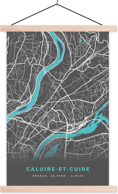 Posterhanger incl. Poster 40x60 cm - Schoolplaat - Caluire-et-Cuire - Frankrijk - Stadskaart - Kaart - Plattegrond - Textielposter - Blanke latten - Stadskaart