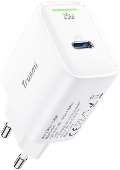 Trusmi | 25W USB‑C Snellader | EU Adapter | 1x USB‑C | Snelle Oplader voor Smartphone en Tablet | Wit