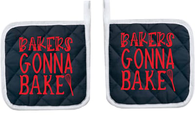 Eizook Pannenlappen 2 Stuks Navy Bedrukt - BAKERS GONNA BAKE In ROOD- Zacht Katoen met Polyester Pannenonderzetter Hittebestendige Pannenlap tot 250°C