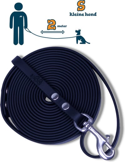 Miqdi hondenriem - BioThane – zwart – 2 meter lang – 9mm breed – XS/S – kleine hond