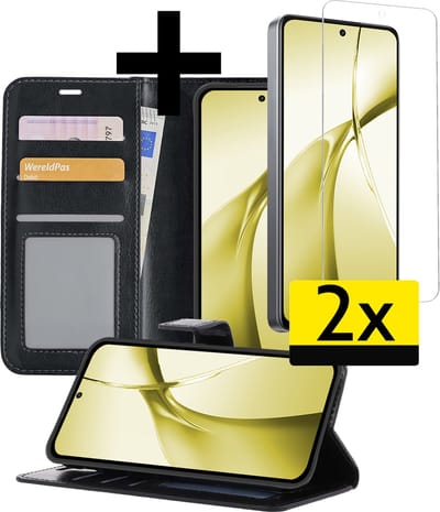 Hoesje - Met 2x Screenprotector - Geschikt voor OnePlus Nord CE4 - Luxe Pasjeshouder - Bookcase Portemonee - Flip Case - Kunstleer Book Case - Flipcase Hoes - Book Cover - Walletcase - Portemonneehoes - Telefoonhoesjes - Zwart