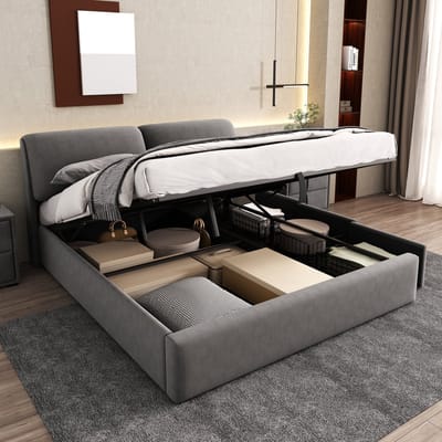 OKWISH Gestoffeerd Bed 160x200cm - Hydraulisch Opbergbed Met 3 Laden - Verstelbaar Hoofdeinde - Fluweel - Grijs - Zonder matras