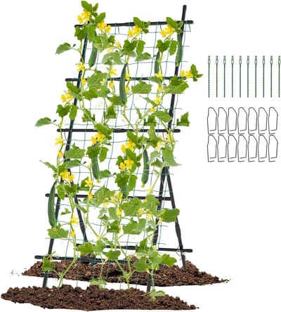 COSTWAY Komkommer Klimhulp, A-vormig, rankrooster met tuinnet en clips, plantenhouder van metaal, plantensteun voor klimplanten, bloemen, groenten, plantenspalier zwart (78 x 65 x 187 cm)