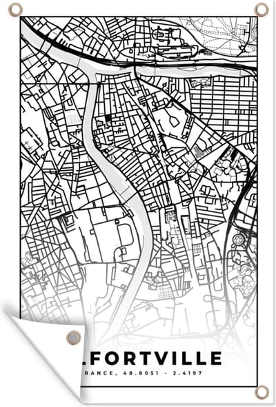 Muurdecoratie Stadskaart - Frankrijk - Kaart - Plattegrond - Alfortville - Zwart wit - 120x180 cm - Tuinposter - Tuindoek