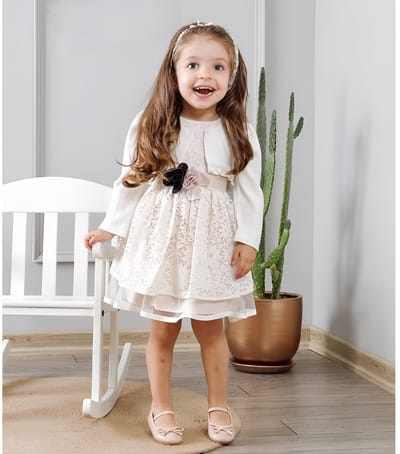 luxe feestjurk met jas en tasje-vintage jurk-bruiloft-foto-verjaardag-doopsel-geborduurde bloemen-creme champagne kleur-katoen- 1 tem 2 jaar maat 92