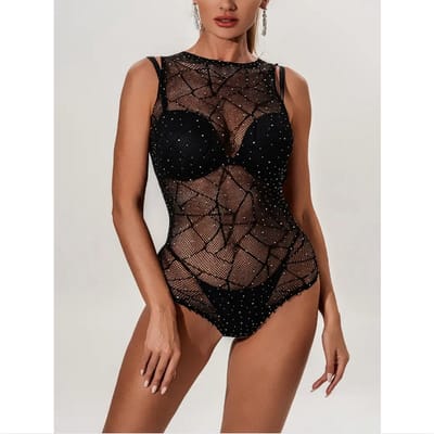 LekkerStout Doorschijnende Body String - Diamant - Zwart - Sexy Lingerie | S-L | ( LS220 )