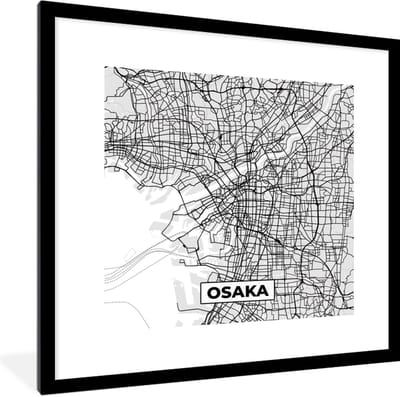 Fotolijst incl. Poster Zwart Wit- Osaka - Stadskaart - Zwart Wit - Plattegrond - Kaart - 40x40 cm - Posterlijst