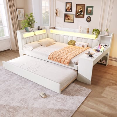 DESMIU Gestoffeerd Bed 140x200cm – Bed Met Oplaadpunt En Ledverlichting – Met Uitrolbed En Bureau – Voor Slaapkamer En Logeerkamer – Houtlook In Stof – Wit – Zonder Matras