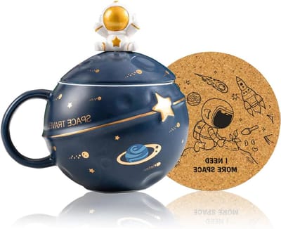 Schattige Astronauten Mok met Planetensculptuur, Keramische Koffiemok met Deksel en Lepel, Perfect voor Koffie, Thee en Melk, Aesthetic Kamerdecoratie en Leuke Verjaardagscadeaus voor Meisjes