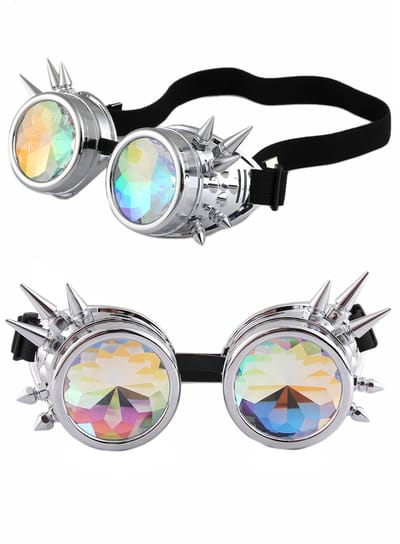 KIMU® Goggles Steampunk Bril Met Spikes - Zilver Chroom Montuur - Caleidoscoop Glazen - Spacebril Space Caleidoscope Holografisch Festival