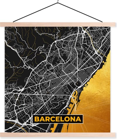 Posterhanger incl. Poster 40x40 cm - Schoolplaat - Barcelona - Stadskaart - Plattegrond - Kaart - Goud - Textielposter - Blanke latten - Stadskaart