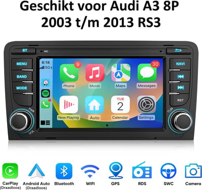 Junsun Android 15 Autoradio geschikt voor Audi A3 8P 2003 t/m 2013 RS3 - Draadloze CarPlay & Android Auto - Bluetooth - GPS navigatiesysteem - Stuurwielbediening - WiFi - RDS - 7-inch Touchscreen - DSP - FM - Plug & Play